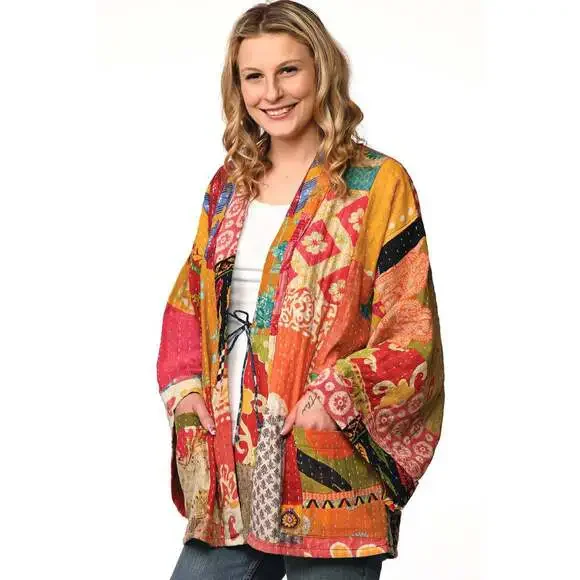 Sevya Handmade - Reversible Cotton Kantha Kimono Jacket - OS - Picture 4 of 12